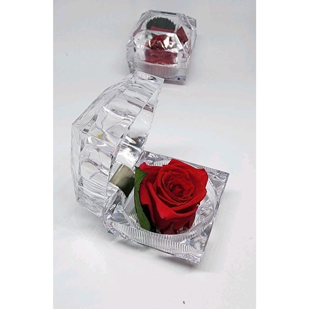 preserved Real red rose W Leaf In clear diamond shaped acrylic Ring box